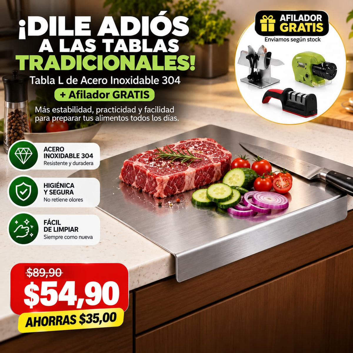 🔥 ¡Dile adiós a las tablas tradicionales! Tabla de Acero Inoxidable + Afilador GRATIS