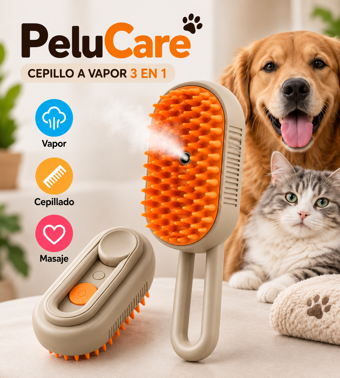🐾 PeluCare - Cepillo a Vapor 3 en 1 para Mascotas