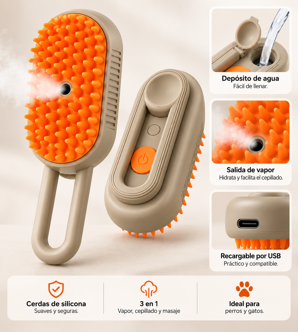 🐾 PeluCare - Cepillo a Vapor 3 en 1 para Mascotas
